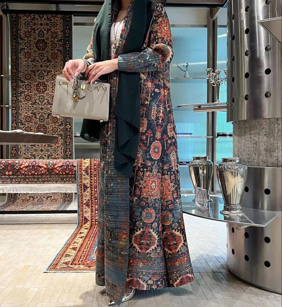 Miyake Pleated V-neck Batwing Sleeve Printed Dress Women Designer Abaya Fashion Summer Elegant Causal Loose Long Dress