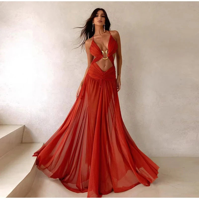 Metal Decorative Halter Long Dress Woman Hollow Out Backless Solid Color Pleated Robe Vacation Beach Women's Perspective Dresses