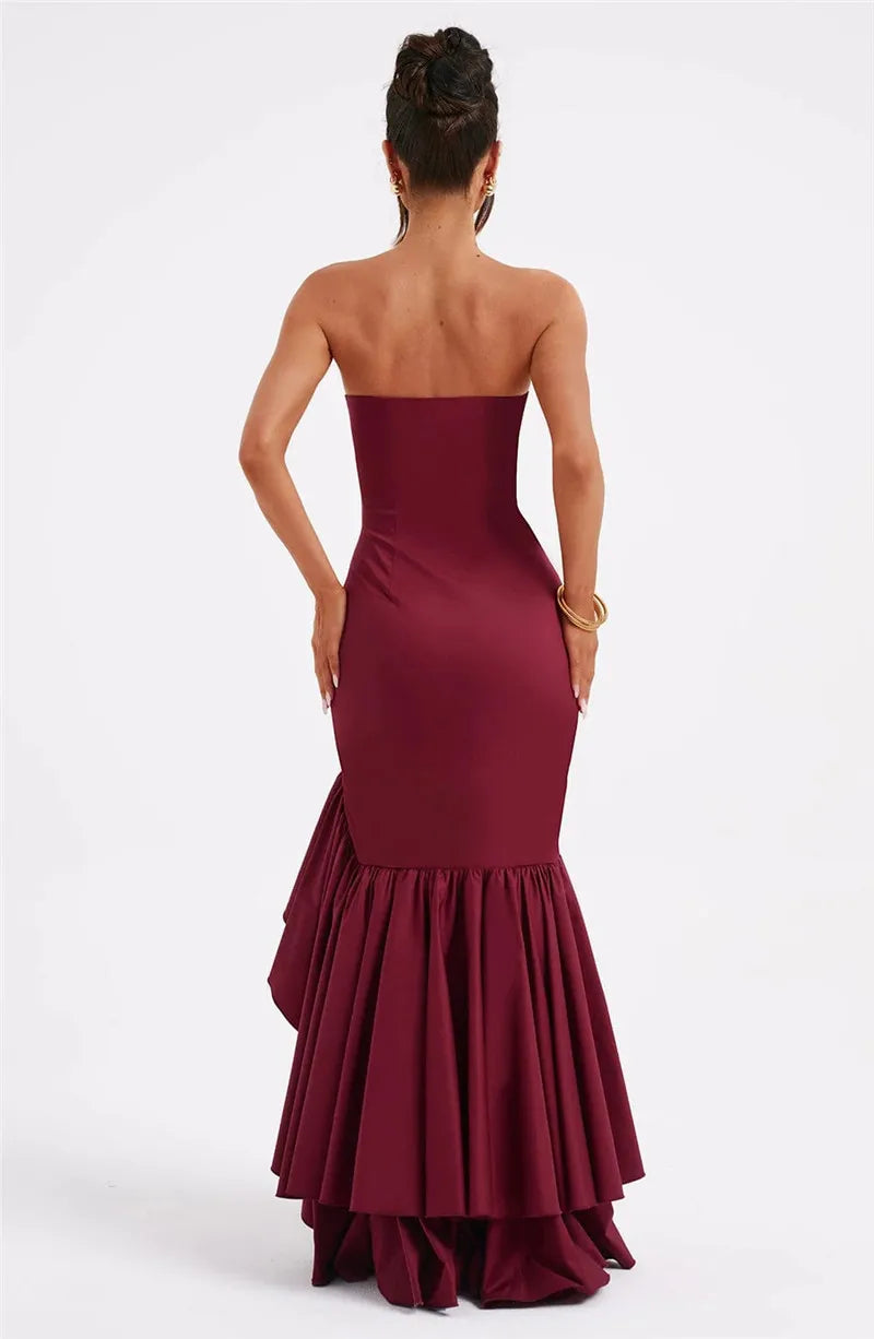 Mozision Strapless High Split Ruffle Long Dress For Women Fashion Off-shoulder Backless Sleeveless Bodycon Club Party Sexy Dress