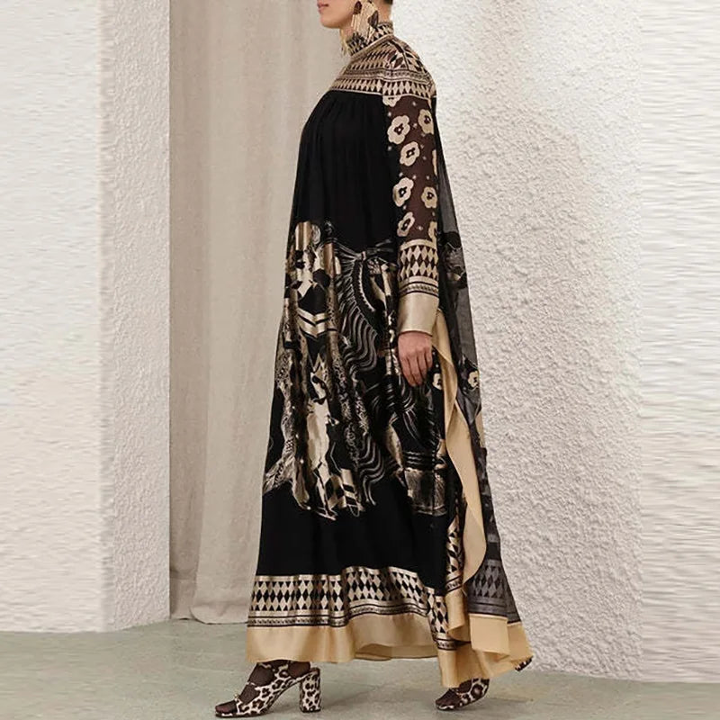 Women Fashion Turtleneck Pleated Robe Dress 2025 Elegant Pattern Print Loose Long Dress Casual Batwing Sleeve Muslim Party Dress