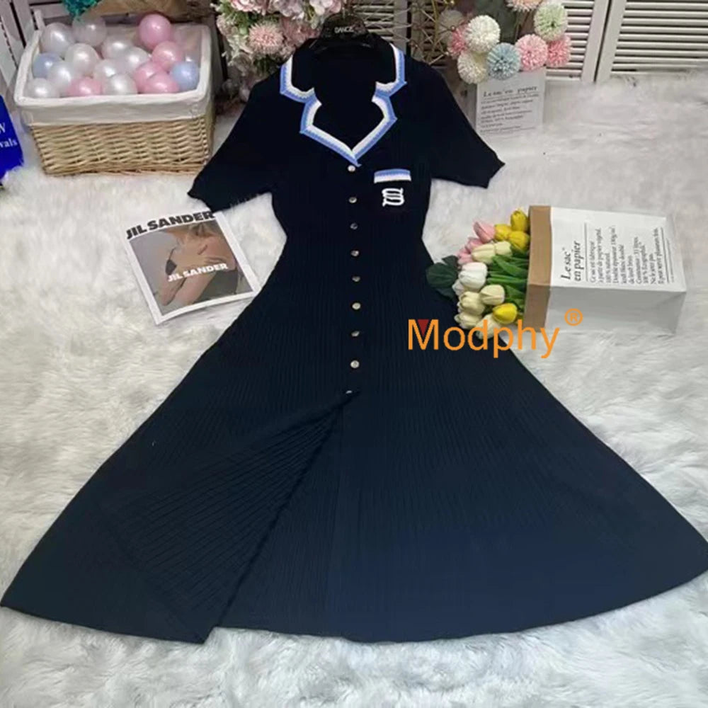 Modphy 2025 Elegant Slim Knitted Long Dress Women's Letter Single Breasted Long Sleeved Designer Vintage Dresses Autumn