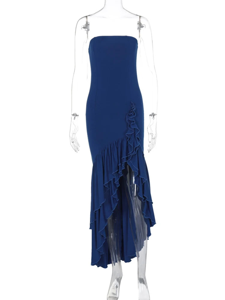 Mozision Strapless High Split Ruffle Long Dress For Women Fashion Off-shoulder Backless Sleeveless Bodycon Club Party Sexy Dress