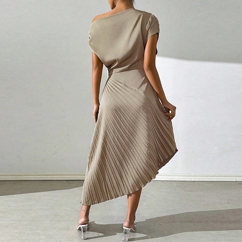 2024 Sexy Irregular Slim Club Party Dress Spring Summer Satin Solid Color Women's Dress Casual Short Sleeved Pleated Long Dress