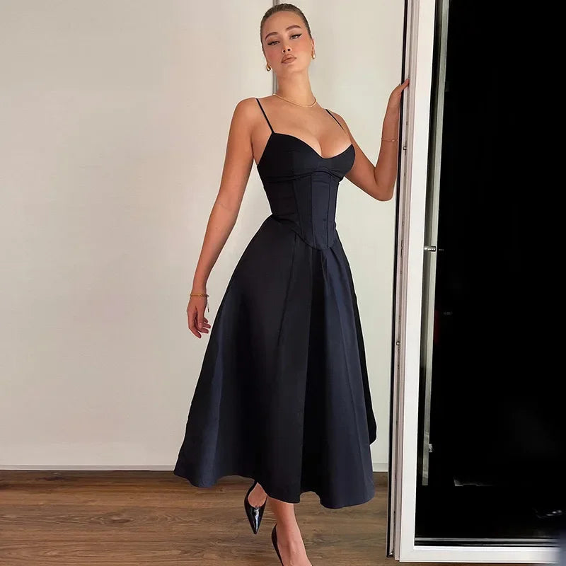 Sexy V-Neck Tank Long Dress Black Open-Back Sexy Dress Women's Summer New Arrival 2024 Fashion French Style Cross-Border Design