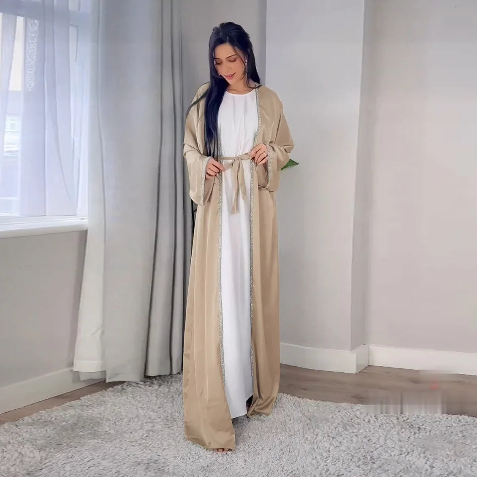 2024 Muslim Dress Diamond Women's Long Dress Fashion Long Sleeve Lace-up Long Abayas Casual Solid Color Clothes for Muslim Women