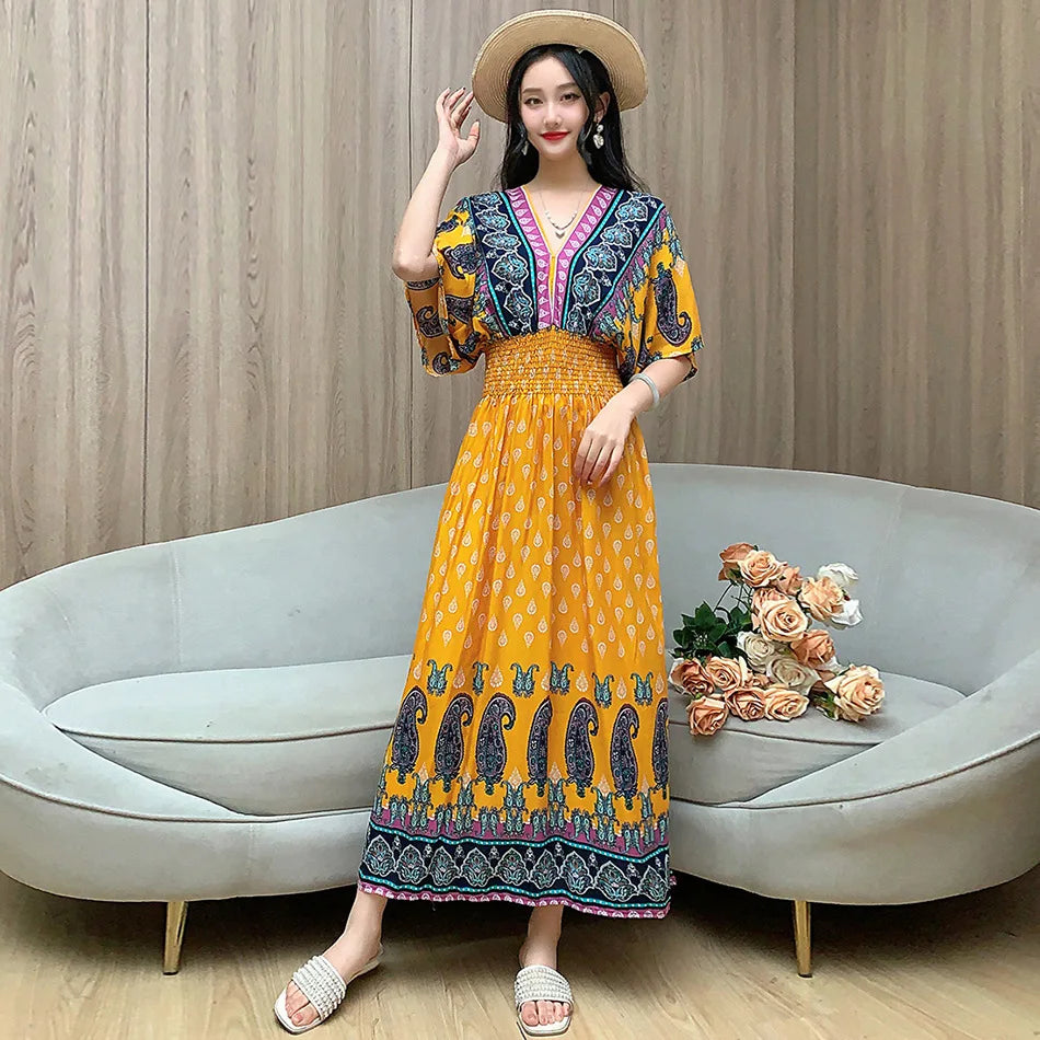 V-neck Large Skirt Hem Casual Sweet Holiday Long Dress Bat Sleeves Elastic Waist Bohemian Print Floral Elegant Dresse For Women