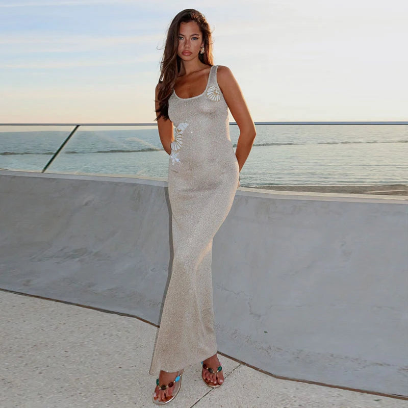 Star Pattern Knitted Sequins Long Dress Women Sleeveless O-neck Solid 2025 Summer Fashion Slim Dresses Vacation Party Vestidos