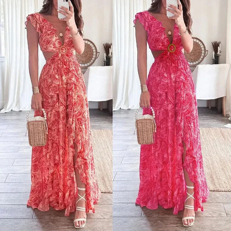 Summer Sexy Long Dress Women Fashion Floral Printed Deep V-neck Backless Beach Sundresses Casual Slim Slit Sleeveless Dress New