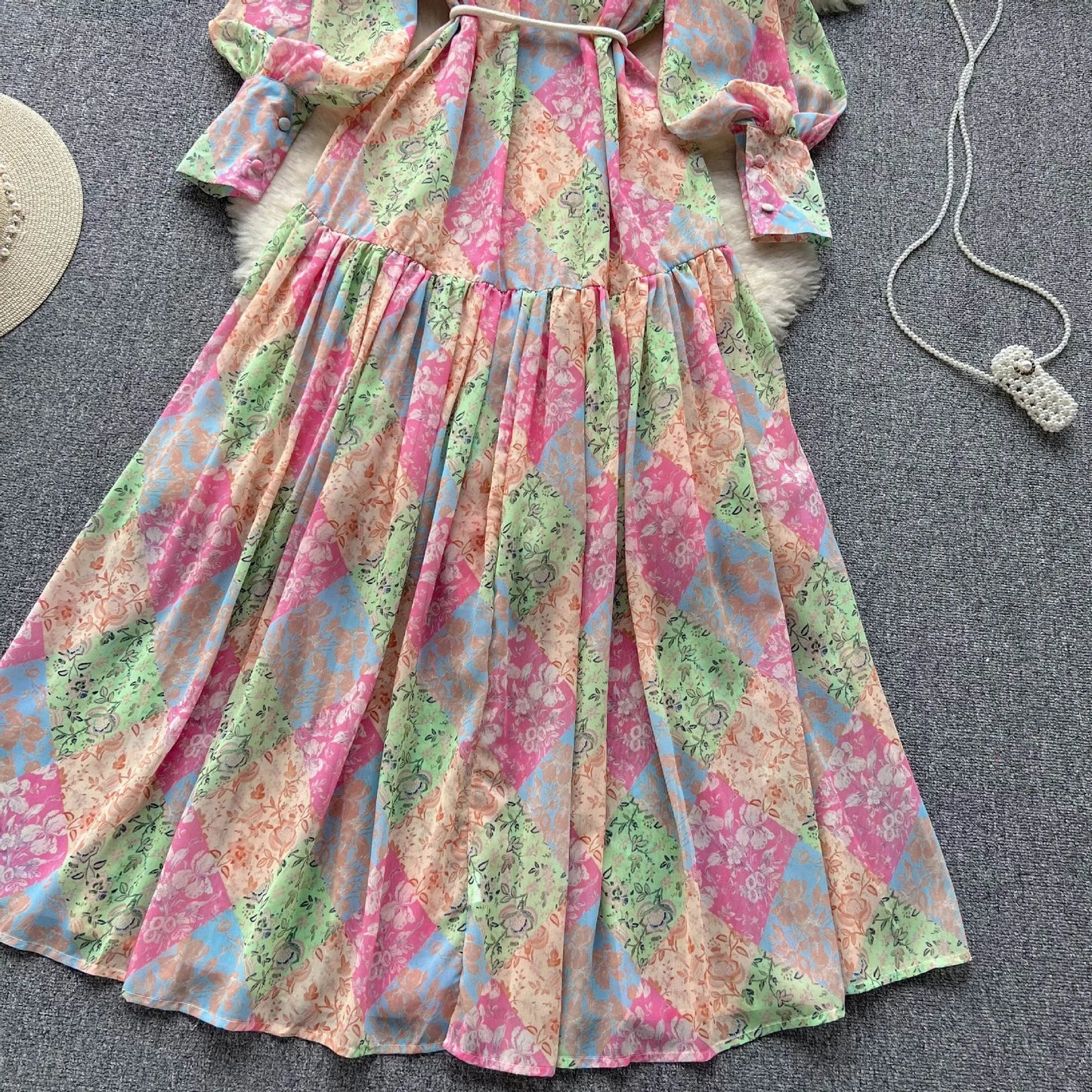 Long Dress Women Dresses A Line Chiffon Vestidos Stand Collar Streetwear Floral Print Elegant Splice Y2k Party Night High Waist