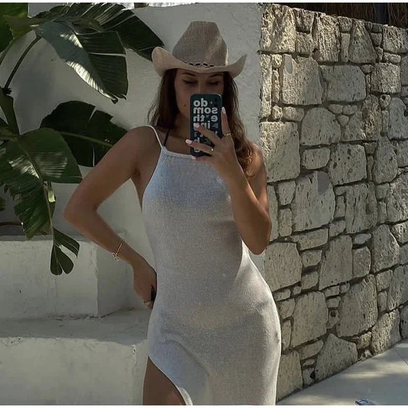 Sexy Knit Lace-up Split Long Dress Women Solid Halter Cover Up See Through Bodycon Dresses 2024 Summer Lady Chic Beach Robes