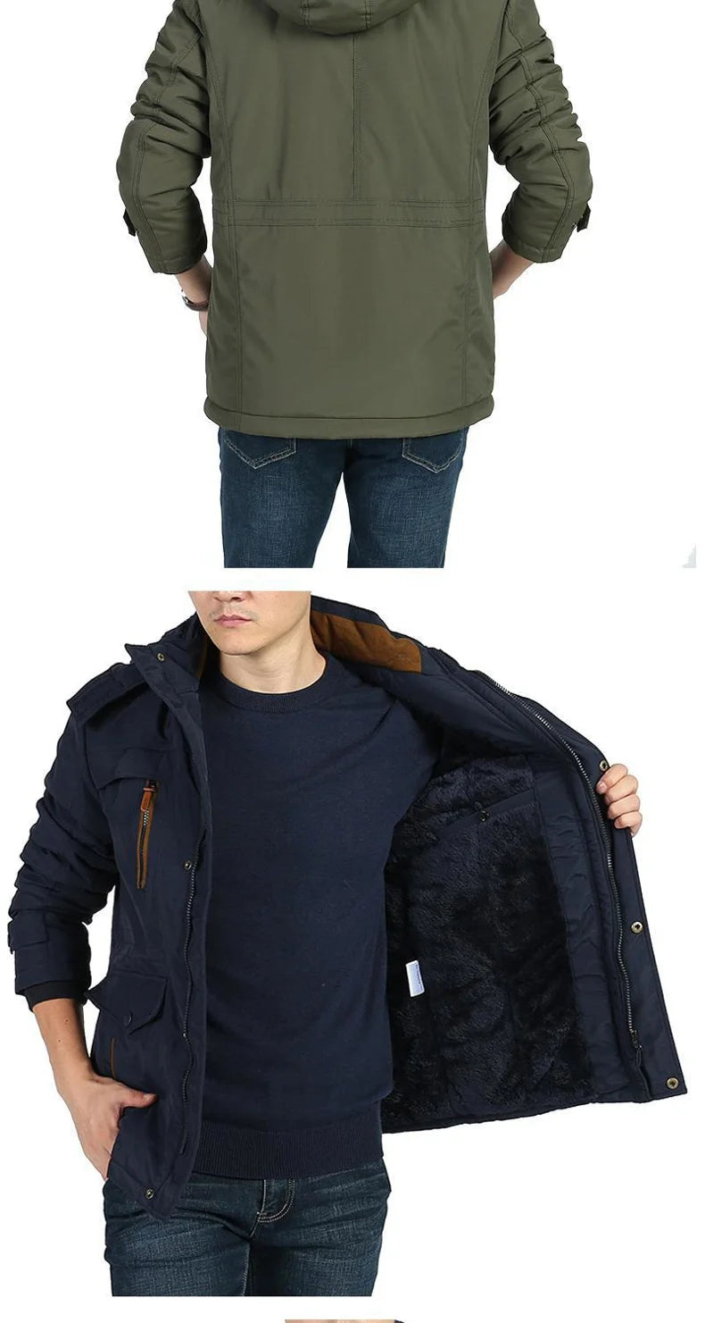 winter Parka Men's Multi-pocket Thickened Fleece-lined Cold-proof Padded Jacket Outdoor Camping Removable Cap Warm Men's Coat