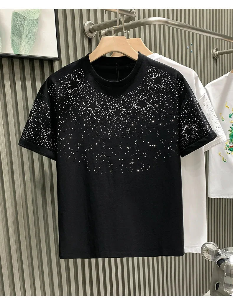Fashionabletrendy European Style Luxury Men's Short Sleeve T-shirt Star Embroidery Network Red Hot Sell Niche Half Sleeve Tee
