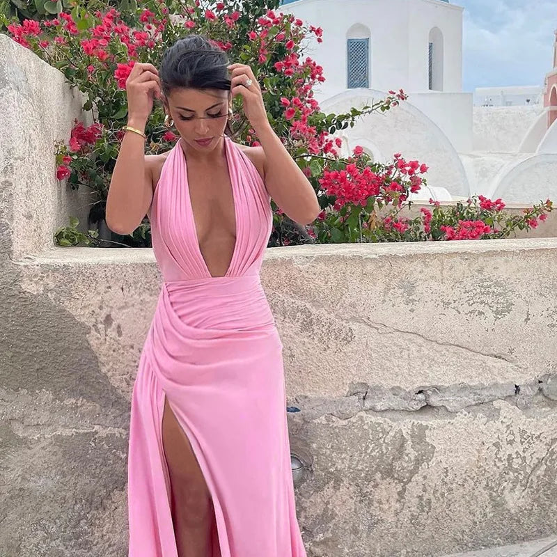 Torova Halter Bandage Slit Long Dress For Women U Neck Sexy Backless Maxi Dress Slim Beach Party Ruched Dress Female Elegant