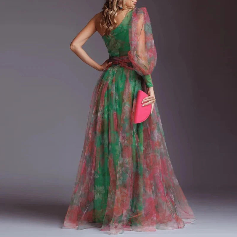 Women Elegant Split Hollow Party Dress Fashion Contrast Print Mesh Maxi Dress Sexy One Shoulder Long Sleeve Irregular Long Dress