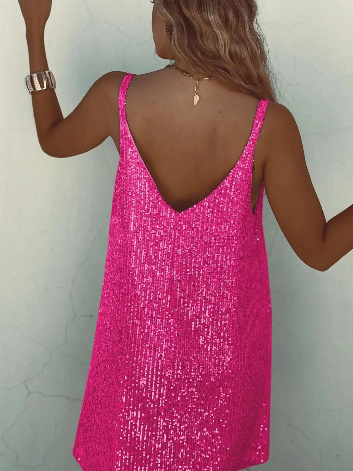 Summer New Women's Fashionable Sexy Tank Dress Solid Color Loose-Fit Long Dress With Sequins V-Neck Fashion Accessories