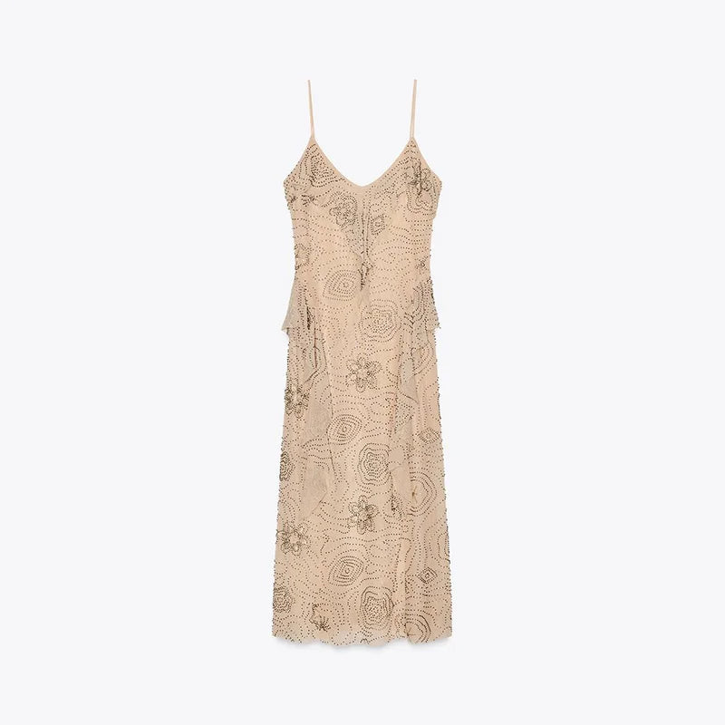 Sexy Beading Ruffle Long Dress Women Embroidery Slip Sleeveless Backless Party Evening Dresses 2025 Summer Lady Shiny Slim Gowns