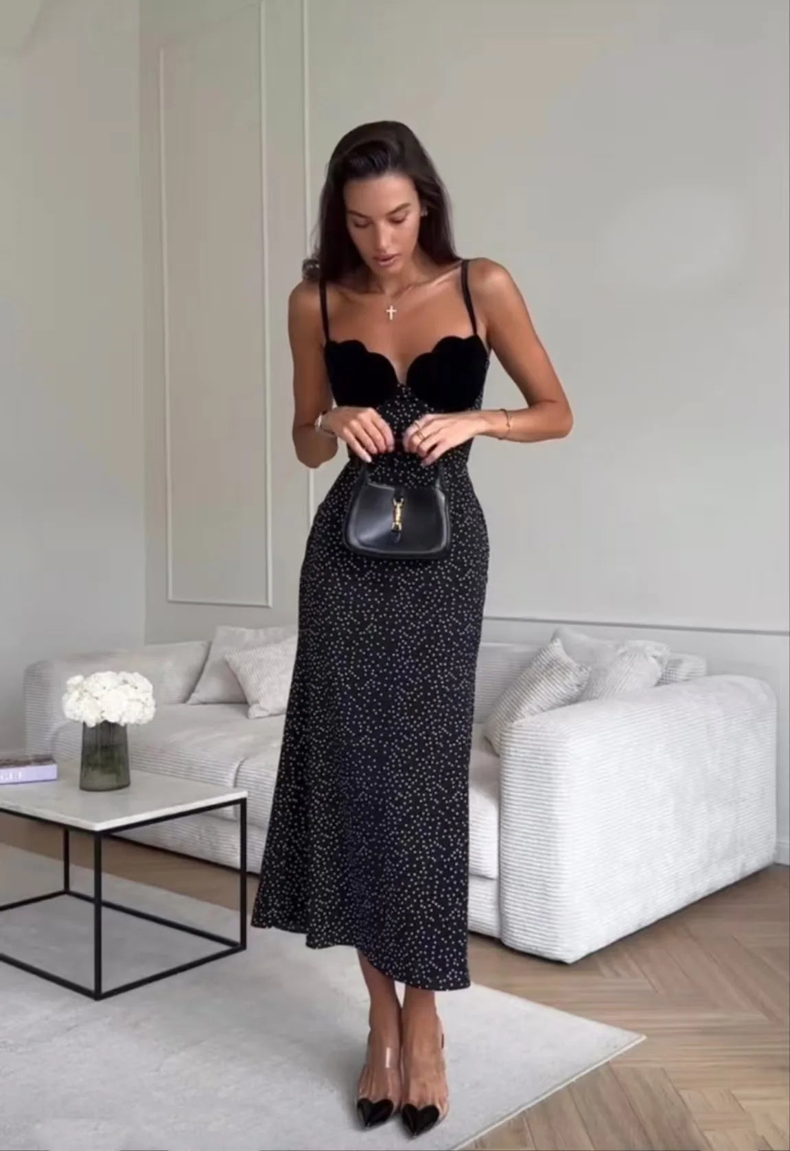 Sleeveless Strapless Polka Dot Patchwork Long Dress Women Spring Summer 2025 Fashion Streetwear Elegant Sexy Black Dresses