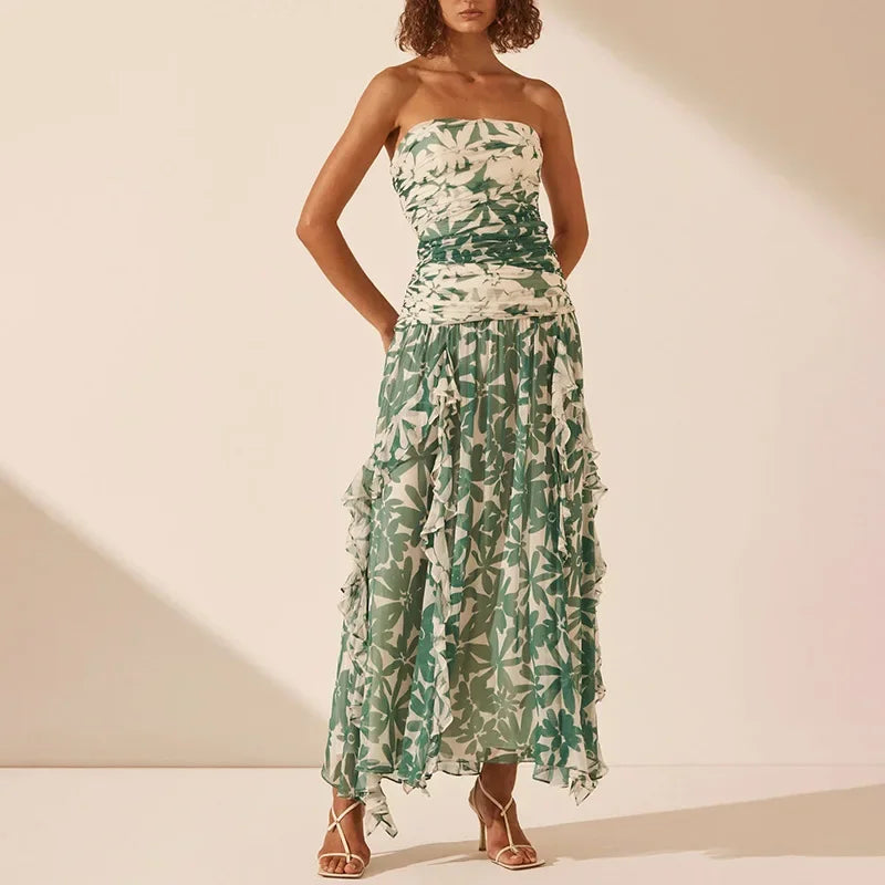 2025spring/summer New Printed Strapless Long Dress with A Stylish Design and Pleated Long Chiffon Dress for Women's Evening Wear
