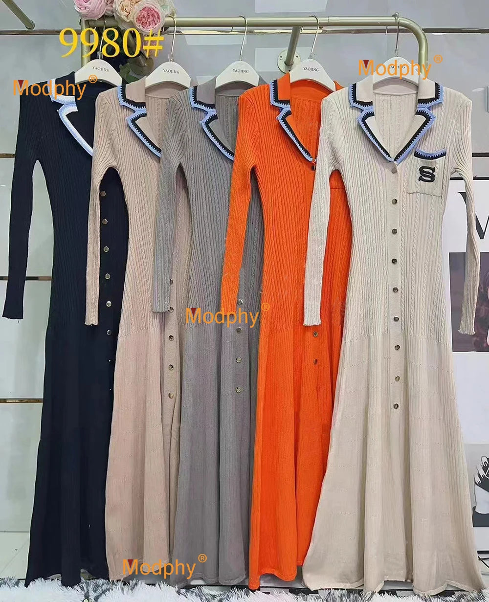 Modphy 2025 Elegant Slim Knitted Long Dress Women's Letter Single Breasted Long Sleeved Designer Vintage Dresses Autumn
