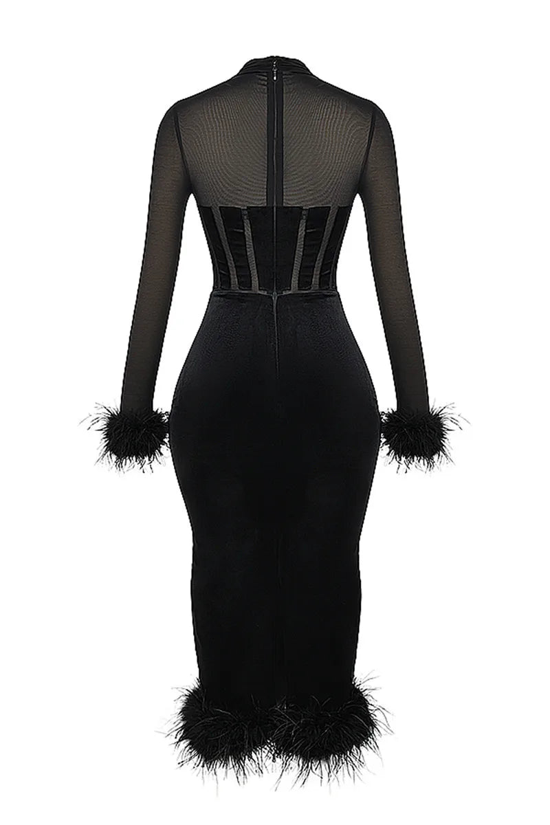 Mozision Elegant Feather Sexy Midi Dress For Women Black Fashion Sheer Long Sleeve Backless Bodycon Club Party Long Dress