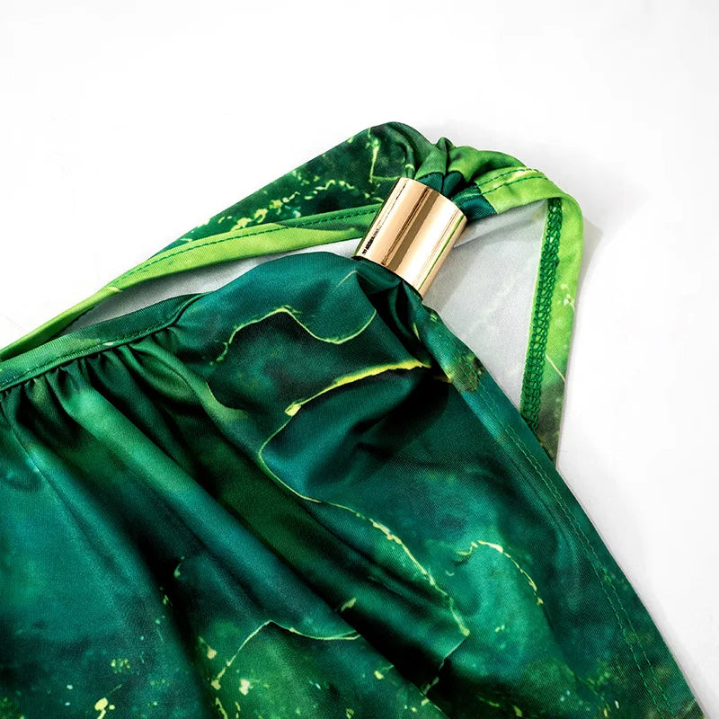 Green Print Long Dress Women Fashion One Shoulder Slim Evening Party Dresses Summer Sexy Backless Ruched Maxi Dress 2024