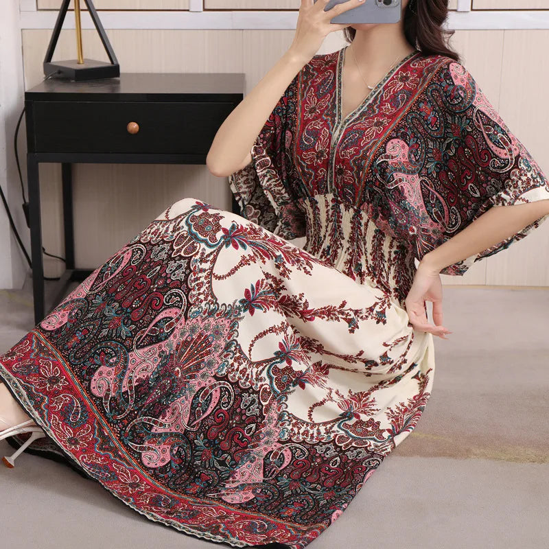 V-neck Large Skirt Hem Casual Sweet Holiday Long Dress Bat Sleeves Elastic Waist Bohemian Print Floral Elegant Dresse For Women