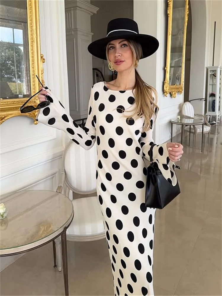 Sexy Polka Dot Women's Long Dress Square Collar Waist Cinching Belt Flare Sleeve Maxi Dressess Lady 2025 Summer Evening Vestidos