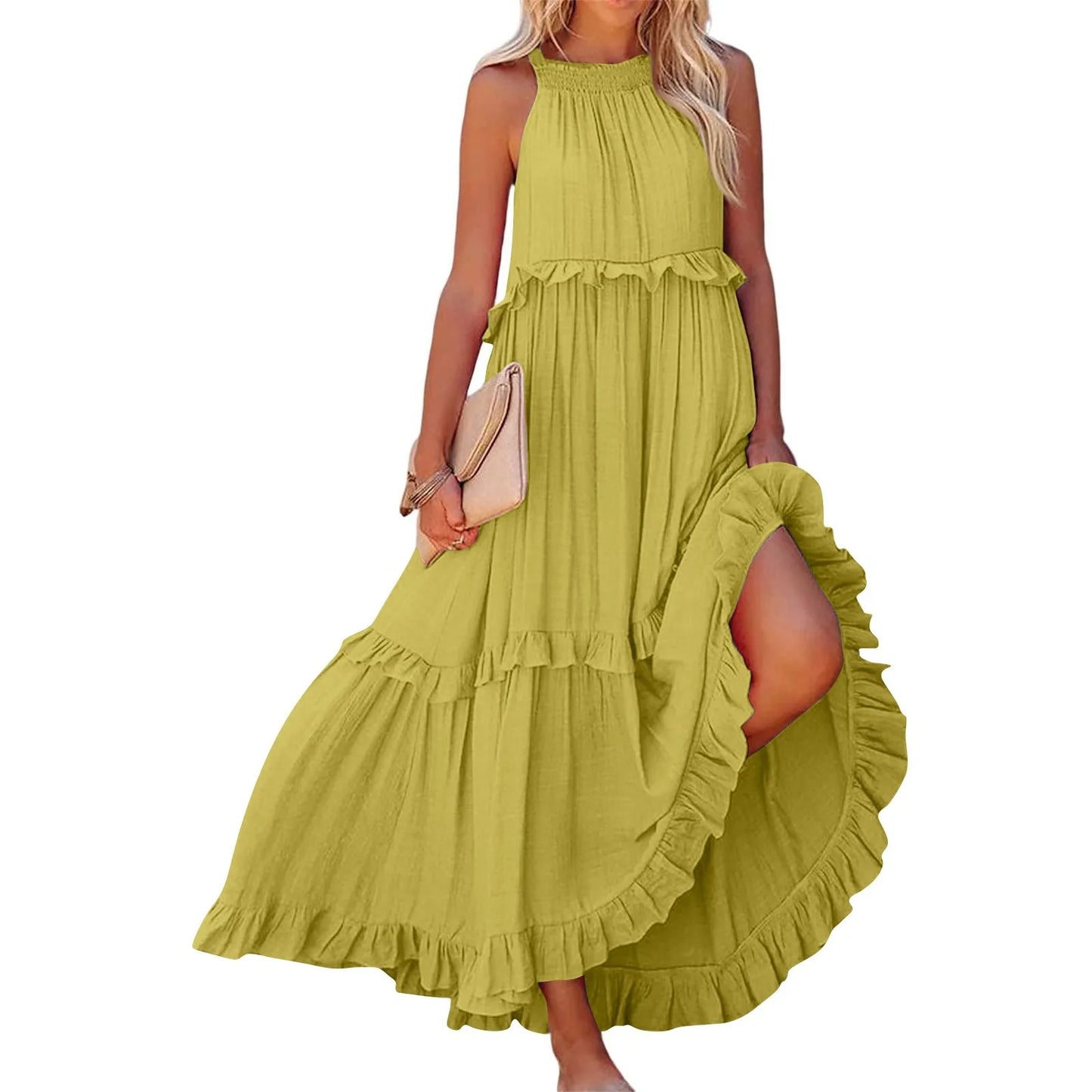 Women's Ruffled hem layered long dresses Summer Sleeveless backless dress Fashion Long Dress Big Swing Beach Dress vestidos