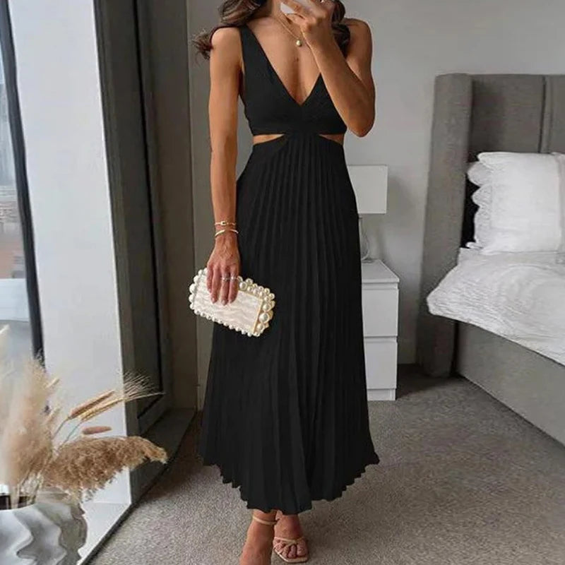 Casual Multi-color Sleeveless Party Dress Elegant High Waist Long Dress for Women Summer Sexy Deep V Hollow Pleated Beach Dress