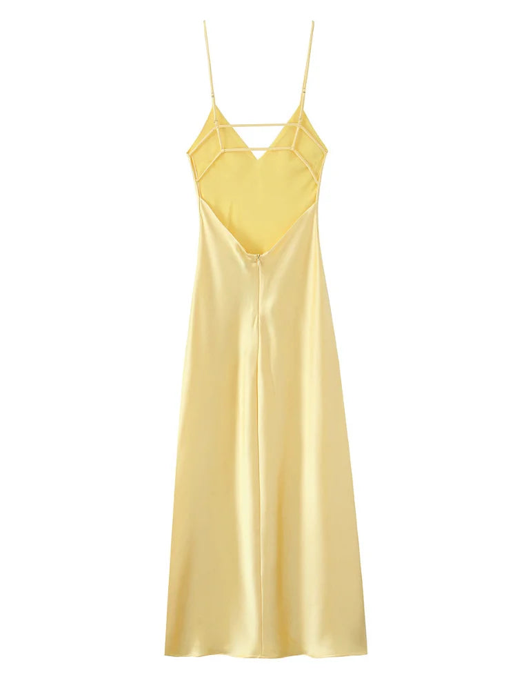 Women Solid Satin Backless Sexy Long Dress Fashion Sleeveless Bodycon Spaghetti Strap Dresses 2025 New Vocation Party Vestidos