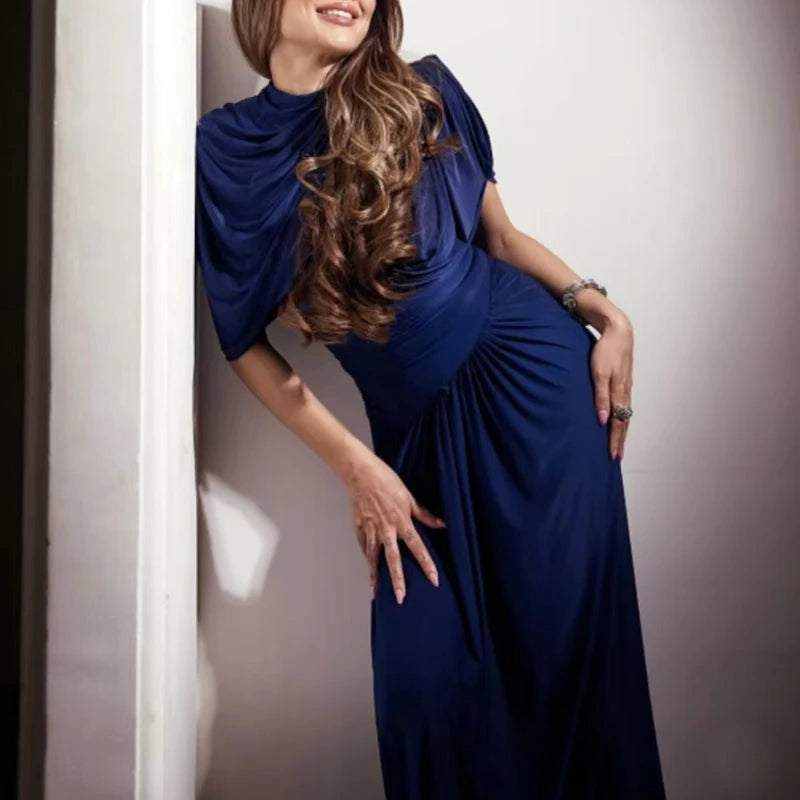 Elegant O Neck Pleated Slim Evening Dress Fashion Summer Short Sleeved High Waist Long Dress Casual 2025 Street Solid Robe Dress