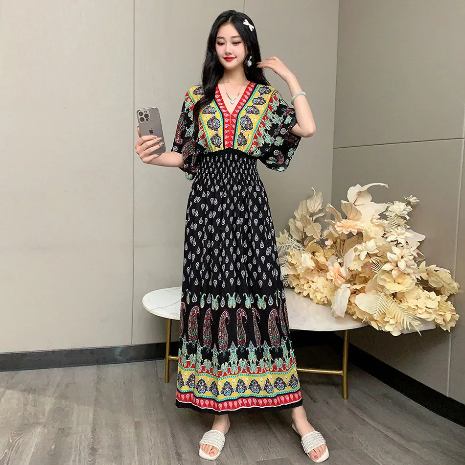V-neck Large Skirt Hem Casual Sweet Holiday Long Dress Bat Sleeves Elastic Waist Bohemian Print Floral Elegant Dresse For Women