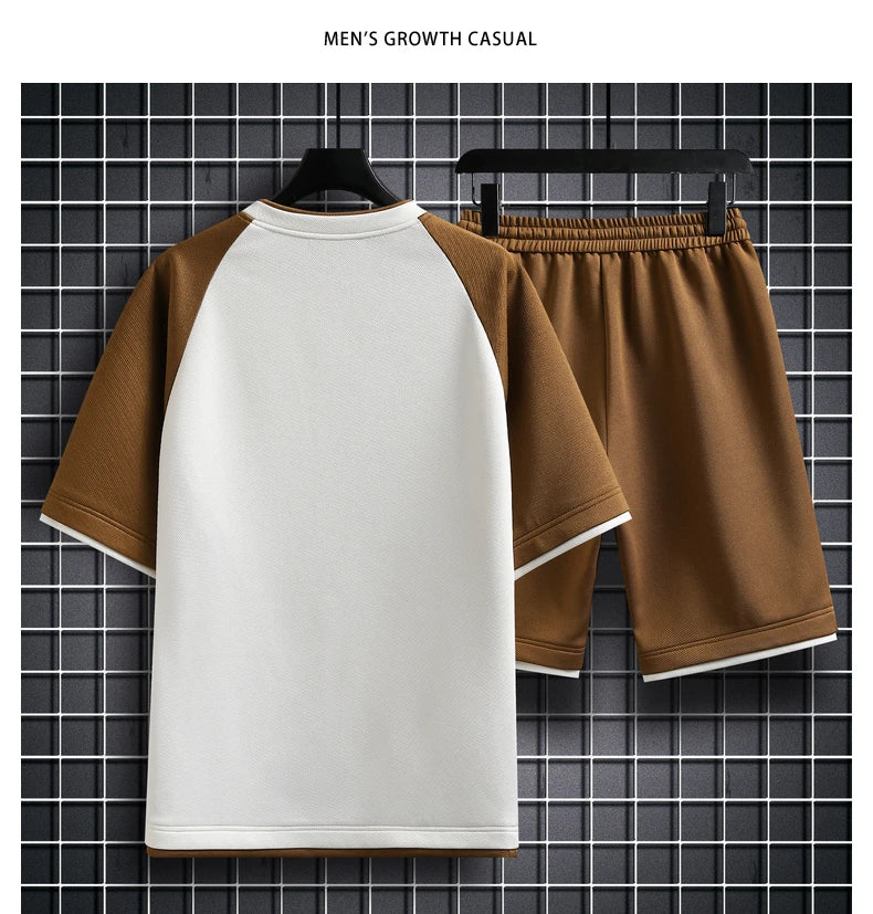 Summer Men Sets Streetwear plaid Short Sleeve T-Shirts +Shorts Breathable Chinese Style Man Sportswear 2 Pieces Suits