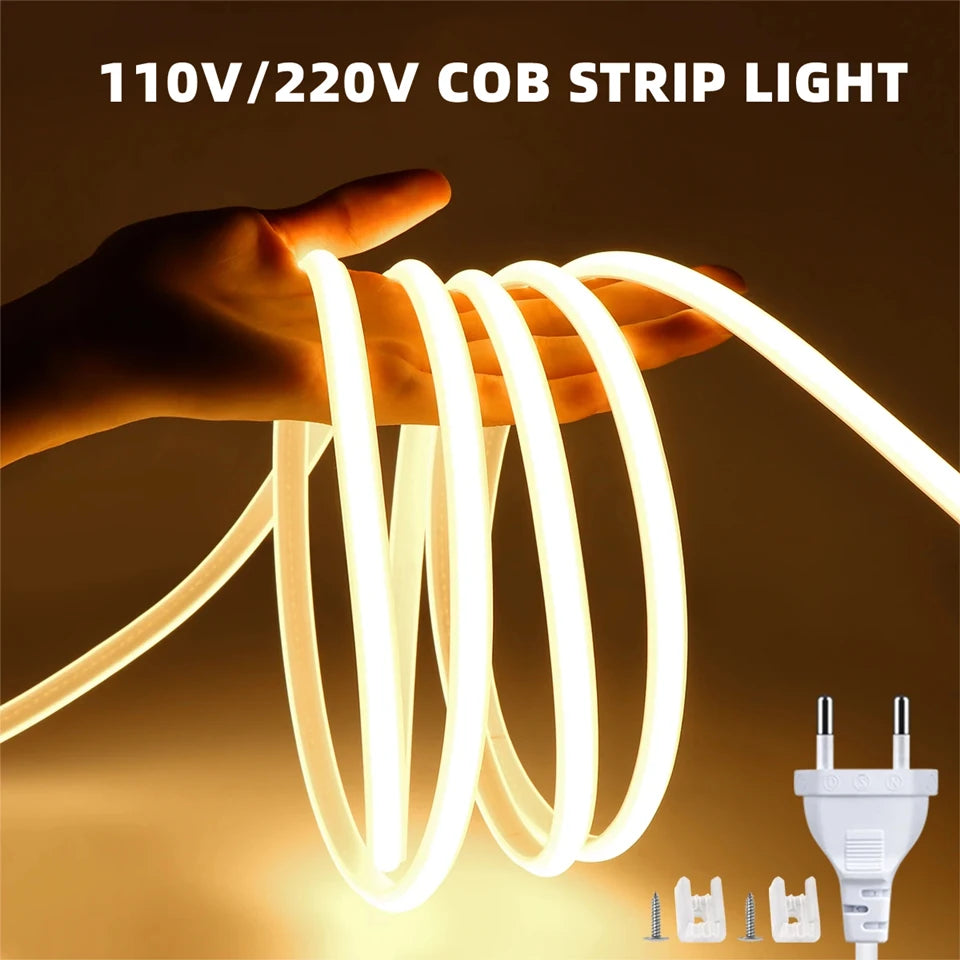 1-20m 110V 220V COB LED Strip Lights 288LEDs/m Flexible Outdoor Garden Lamp CRI RA90 Waterproof LED Tape Kitchen Cabinet Decor