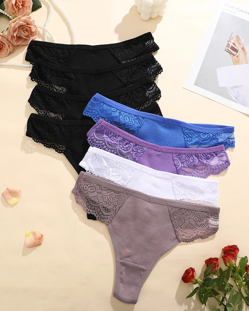 FINETOO 8Pcs Women's Cotton Underwear Lace Thongs Sexy Solid Color Low Waist Bikini Panties Ladies Breathable G-string Lingerie