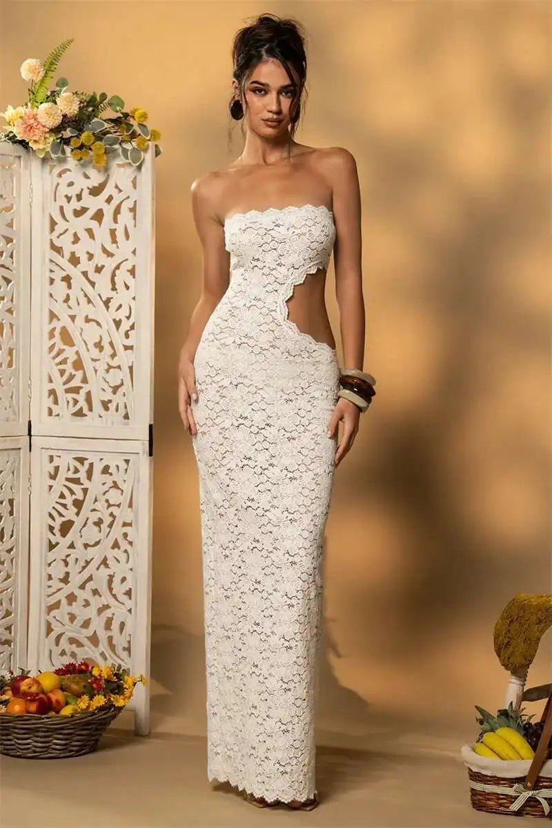 Blifanbo Backless Sexy Off-shoulder Maxi Dress Women Lace Sleeveless Strapless Hollow Out Skinny Club Party Long Dress Elegant