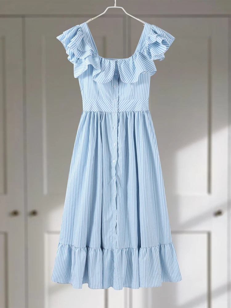 Flying Sleeve Ruffle Striped Slip Long Dress Women Elegant Square Collar Waist Cinching Pleat Party Dresses Chic Ladies Vestido