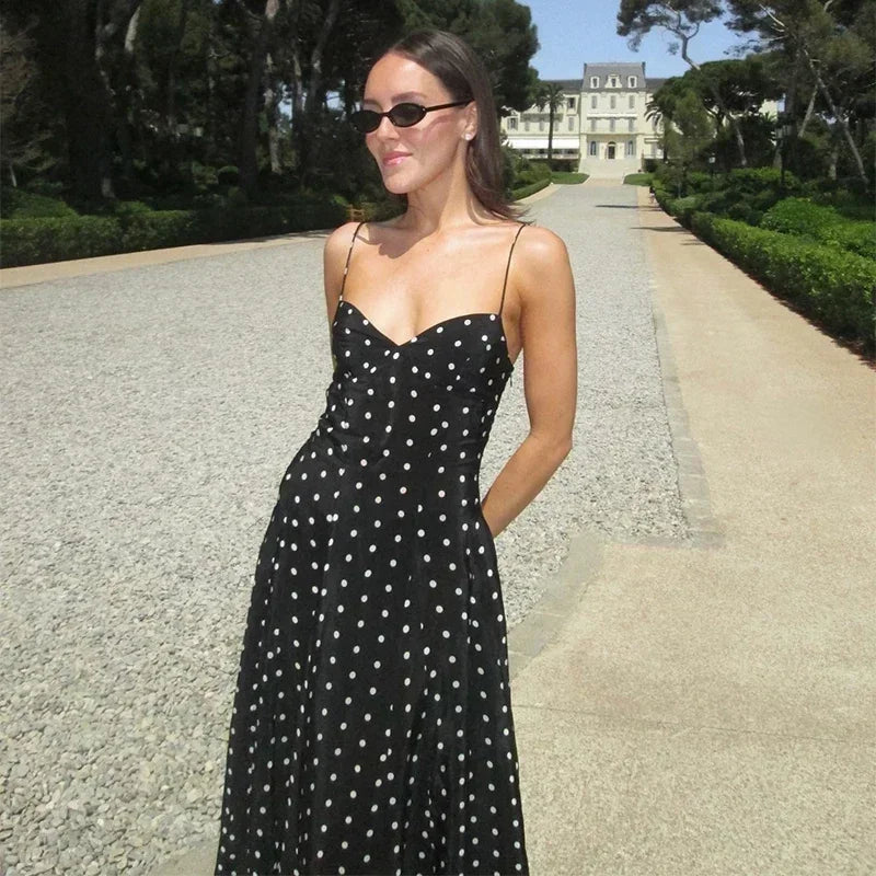 Dot Print Strapless Long Dress Women Retro V-neck Sleeveless Backless High Waist Dresses Female 2025 Spring New Lady Party Robes