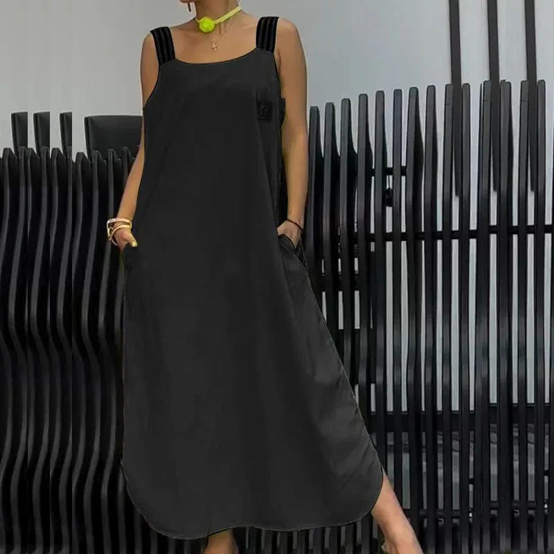 2024 Women Striped Suspender Long Dress Elegant New Off Shoulder Loose Pockets One Piece Dresses Fashion Solid Color Party Dress