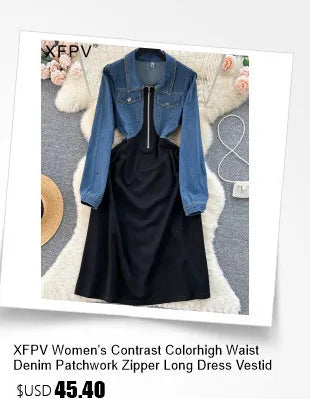 XFPV 2025 Spring New Fashion High-end V-neck Lantern Sleeves High Waist Print Swing Ruffle Edge Chiffon Long Dress Women SM11517