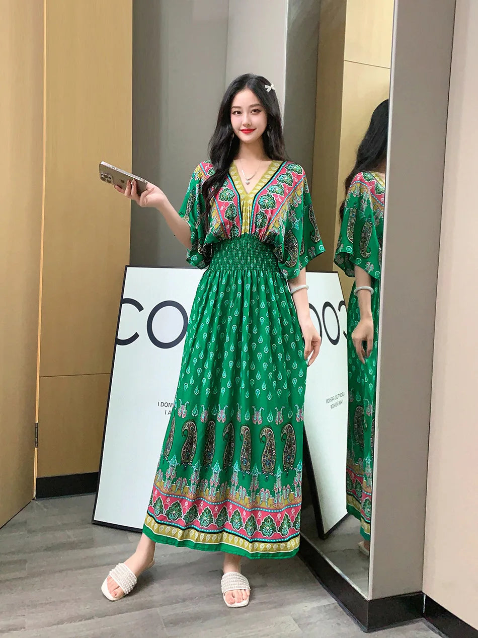 V-neck Large Skirt Hem Casual Sweet Holiday Long Dress Bat Sleeves Elastic Waist Bohemian Print Floral Elegant Dresse For Women