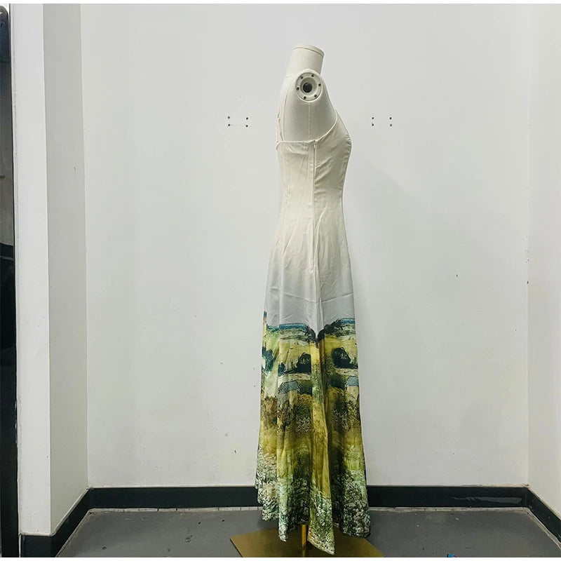 Elegant Printed Tighte Waist Women's Long Dress V-neck Slim A-line Robe 2025 Summer Beach Holiday Style Female's Long Dresses