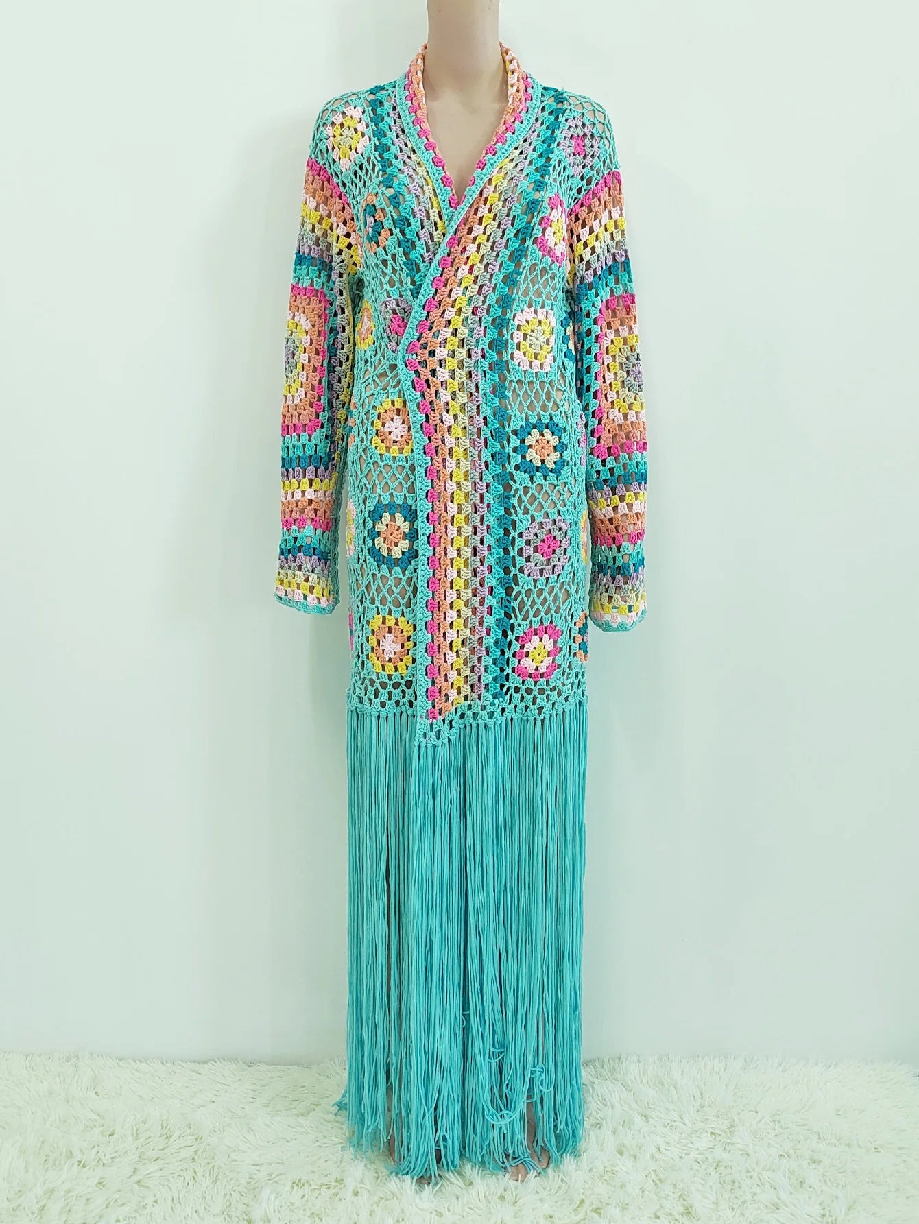 Crochet Knitted Women Cardigan Cover Ups Tassel Plaid Long Coat Bohemian 2023 Summer Beach Bikini Covers Sexy Hook Vestidos
