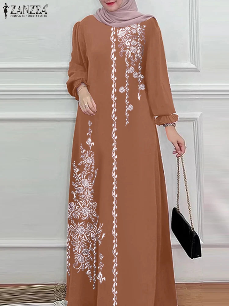 Autumn Muslim Dresses Vintage Dubai Turkey Abaya Hijab Sundress ZANZEA Women Bohemian Floral Printed Long Dress Robe Femme 2025