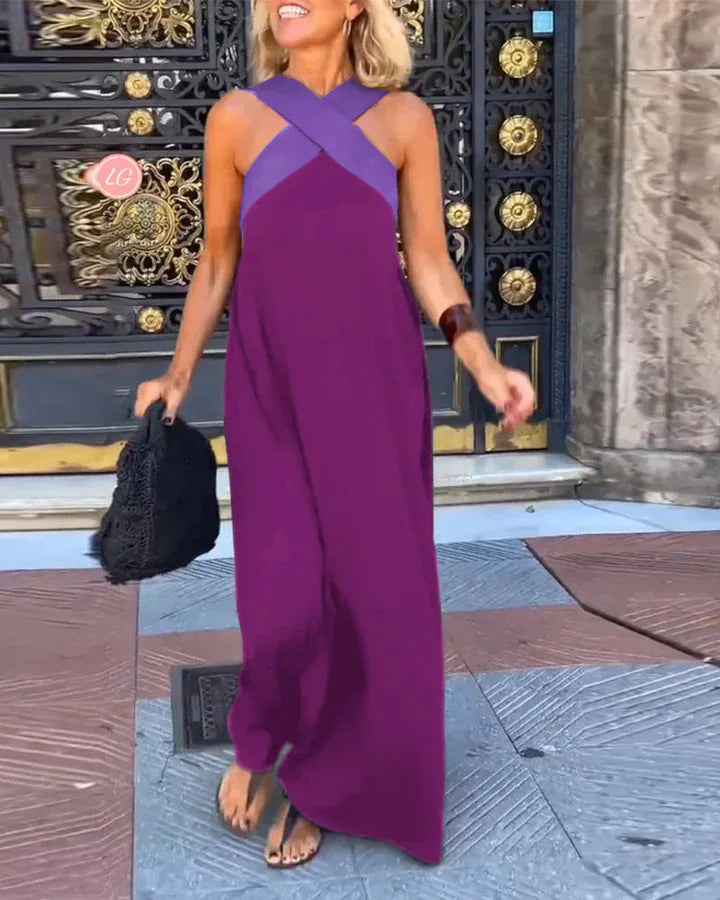 Summer Casual Loose Beach Dresses Fashion Off Shoulder Multi-color Holiday Dress 2025 New Women Halter Color Blocked Long Dress