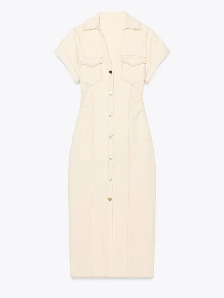 Sexy V-neck Denim Dresses 2025 Women's Spring Fashion Slim Long Dress Chic Short Sleeves Single Button High Street Lady New Robe