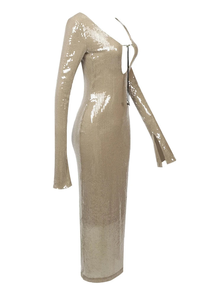 BEVENCCEL Sexy Luxury Sequins Deep V Long Sleeve Backless Sequins Long Dress Elegant Bodycon Maxi Evening Party Clubwear Dress