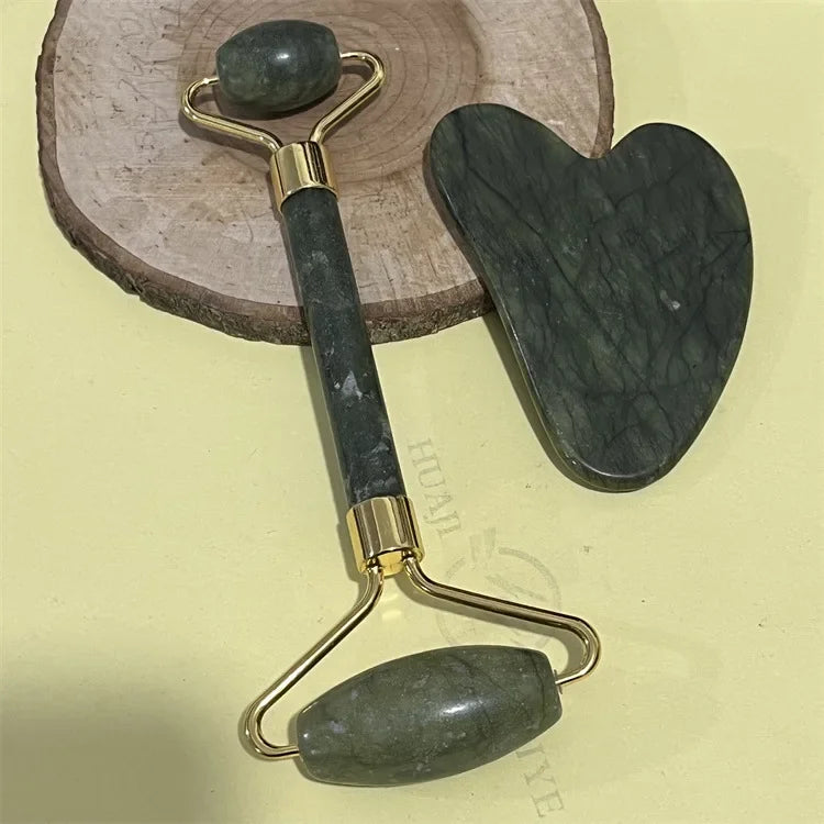 Natural Jade Double Head Roller Health Beauty Treatment Device Scraping Board Set Xiuyan Face Massager To Lift Remove Wrinkles