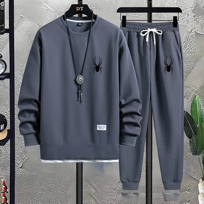2024 Autumn Men's Round Neck New Waffle Set Casual and Handsome Sports Long sleeved Pants Two Piece Set Fashion Label