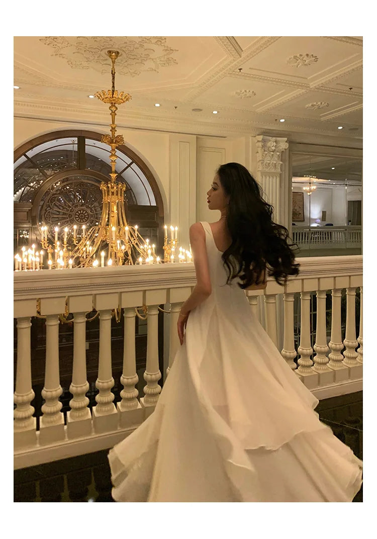 Summer Solid Elegant Camisole Long Dress Women Sweet Sleeveless A-Line Ruffles Fairy Dress Female Evening Party Vestidos Largos